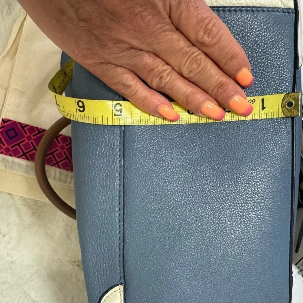 Tory Burch Frances Leather Satchel Tote in Comet Blue w/ White and Brown Trim